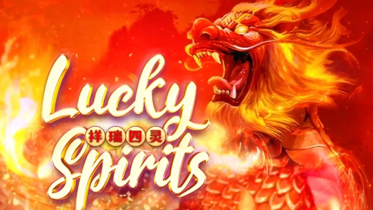 Tampilan layar utama permainan slot Lucky Spirits dengan nuansa mistis dan gulungan yang berputar.