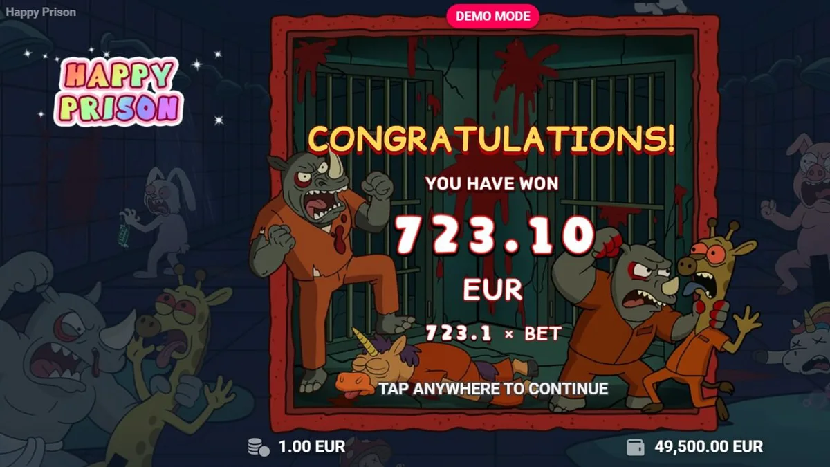 Tampilan visual slot Happy Prison dengan karakter kartun di balik jeruji besi